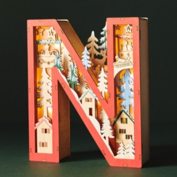 Anthropologie Wood Monogram Wonderland Light-Up Letter N Christmas Decor NEW